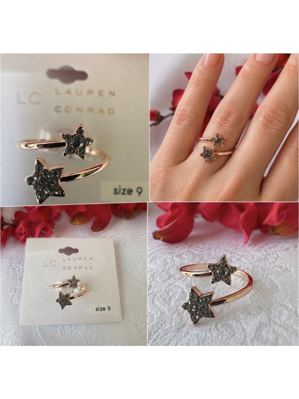 LC Lauren Conrad CZ Swirl Star Ring Nickel Free Size 9 Goldtone Dainty Stars NWT